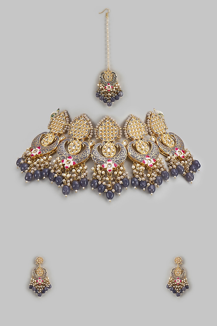 Gold Kundan Polki & Grey Stone Choker Necklace Set by Aitihya