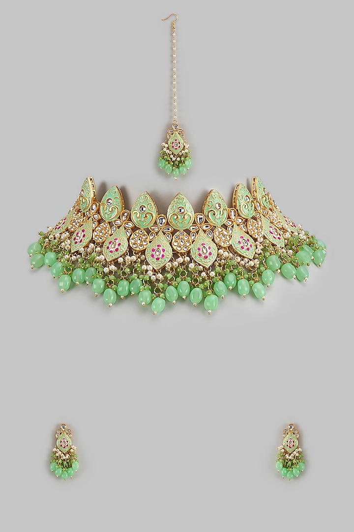 Gold Kundan Polki & Aqua Stone Choker Necklace Set by Aitihya