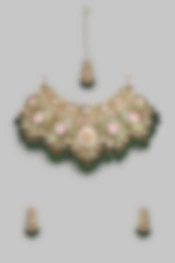 Gold Kundan Polki & Charcoal Stone Choker Necklace Set by Aitihya
