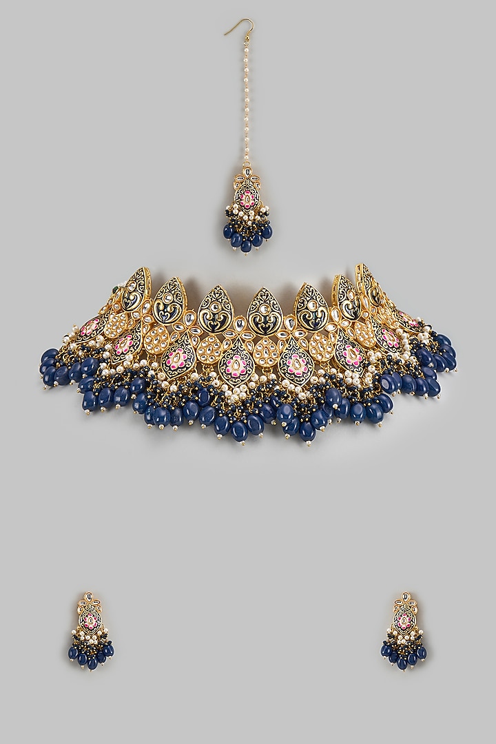 Gold Kundan Polki & Charcoal Grey Stone Choker Necklace Set by Aitihya