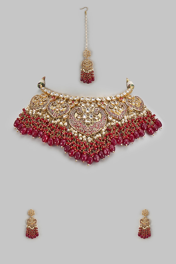 Gold Kundan Polki & Maroon Stone Choker Necklace Set by Aitihya