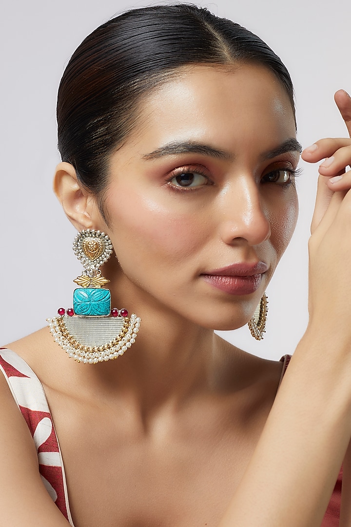 Two Tone Finish Turquoise Stone & Pearl Temple Chandbali Earrings by Aitihya at Pernia's Pop Up Shop