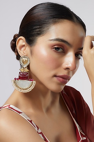 Two Tone Finish Red Synthetic Stone & Pearl Temple Chandbali Earrings by Aitihya