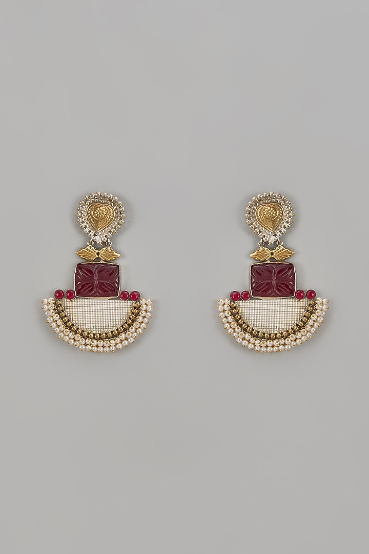 Two Tone Finish Red Synthetic Stone & Pearl Temple Chandbali Earrings by Aitihya at Pernia's Pop Up Shop
