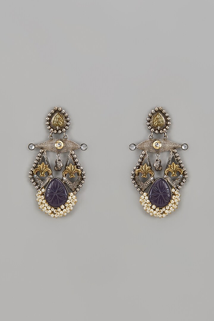 Two Tone Finish Purple Synthetic Stone & Pearl Temple Chandbali Earrings by Aitihya at Pernia's Pop Up Shop
