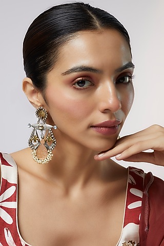 Two Tone Finish Orange Synthetic Stone & Pearl Temple Chandbali Earrings by Aitihya