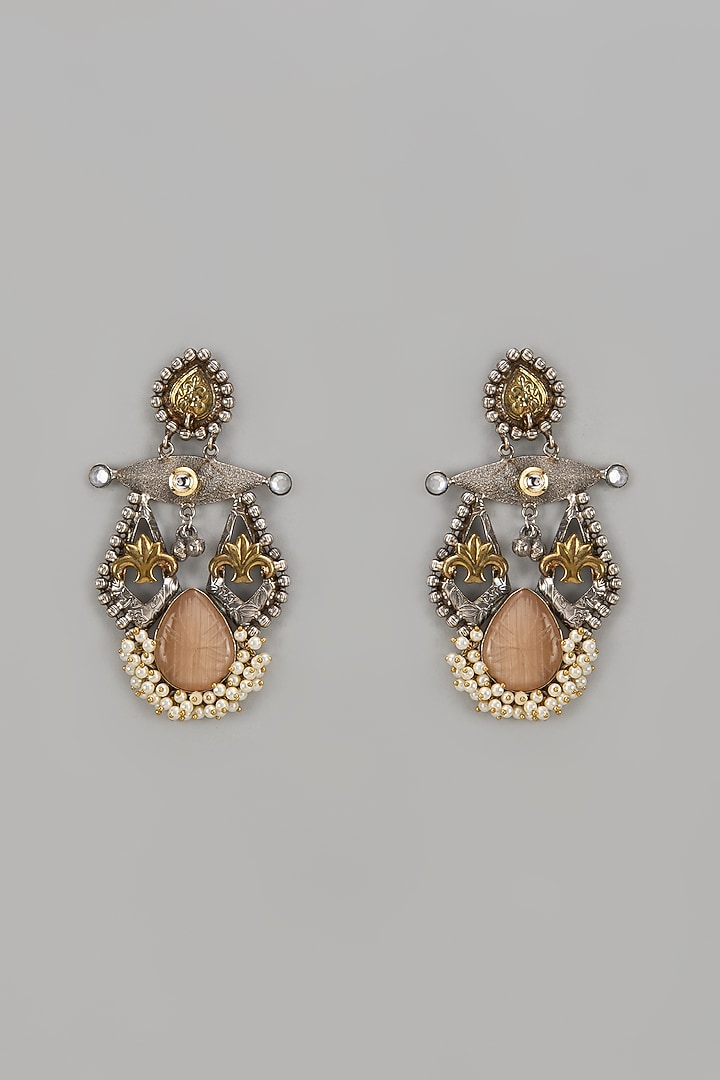 Two Tone Finish Orange Synthetic Stone & Pearl Temple Chandbali Earrings by Aitihya at Pernia's Pop Up Shop