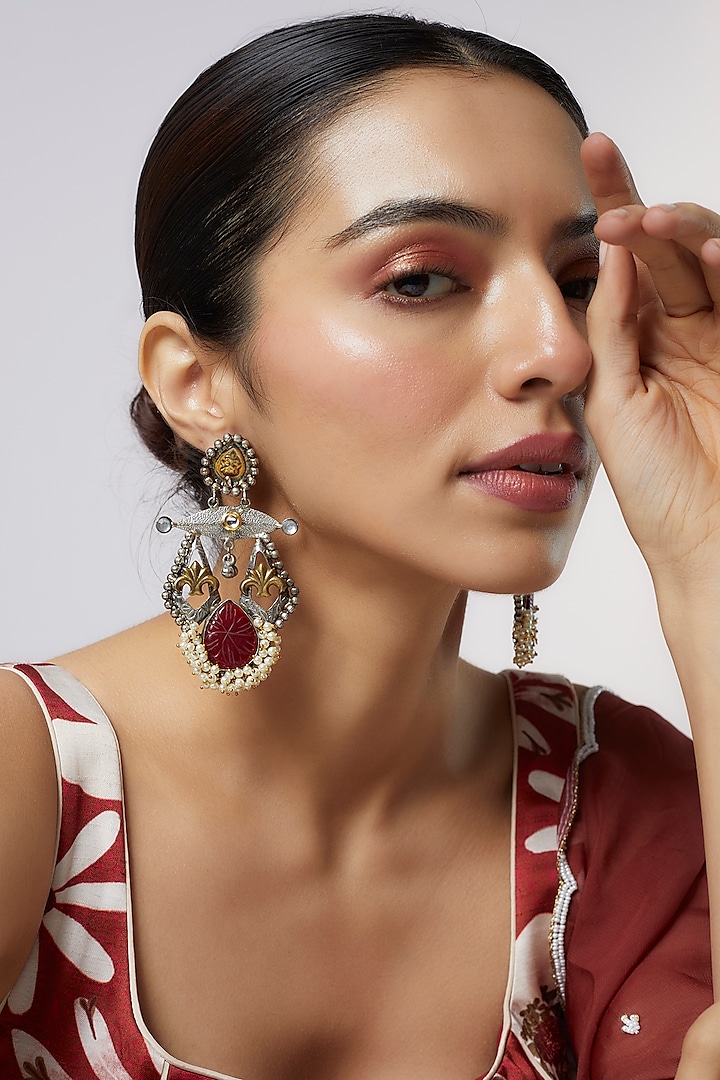 Two Tone Finish Red Synthetic Stone & Pearl Temple Chandbali Earrings by Aitihya