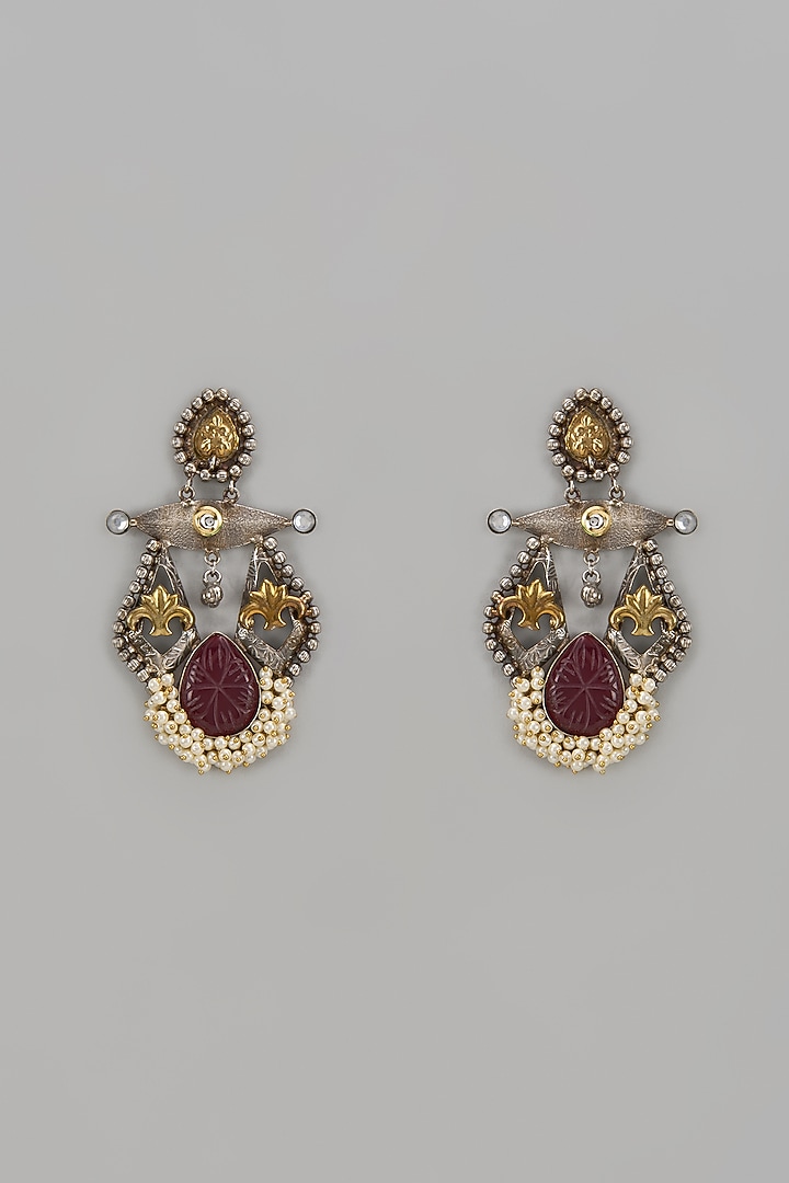 Two Tone Finish Red Synthetic Stone & Pearl Temple Chandbali Earrings by Aitihya at Pernia's Pop Up Shop