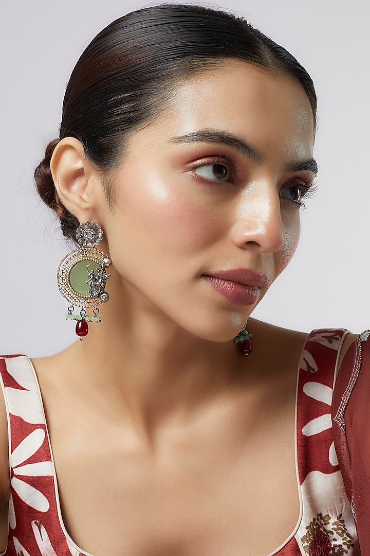 Two Tone Finish Multi-Colored Synthetic Stone & Pearl Drop Temple Chandbali Earrings by Aitihya at Pernia's Pop Up Shop