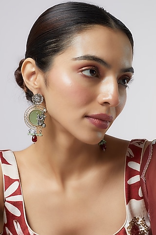 Two Tone Finish Multi-Colored Synthetic Stone & Pearl Drop Temple Chandbali Earrings by Aitihya