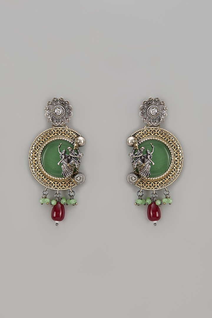 Two Tone Finish Multi-Colored Synthetic Stone & Pearl Drop Temple Chandbali Earrings by Aitihya at Pernia's Pop Up Shop