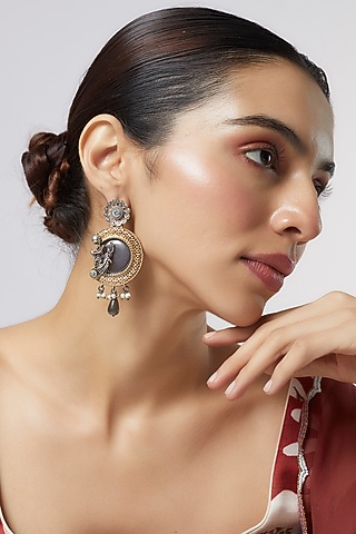 Two Tone Finish Grey Synthetic Stone & Pearl Drop Temple Chandbali Earrings by Aitihya