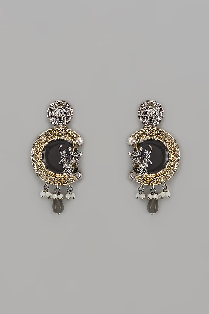 Two Tone Finish Grey Synthetic Stone & Pearl Drop Temple Chandbali Earrings by Aitihya at Pernia's Pop Up Shop