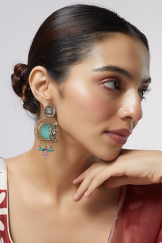 Two Tone Finish Multi-Colored Synthetic Stone & Pearl Drop Temple Chandbali Earrings by Aitihya