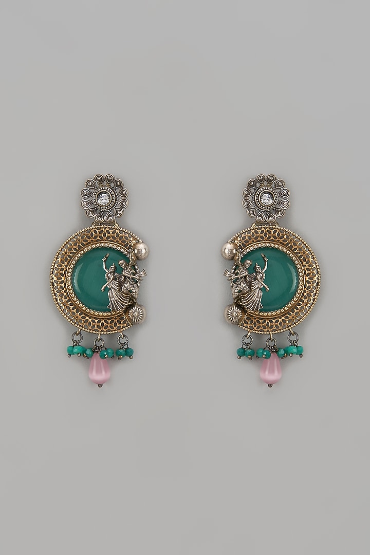 Two Tone Finish Multi-Colored Synthetic Stone & Pearl Drop Temple Chandbali Earrings by Aitihya at Pernia's Pop Up Shop