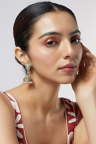 Two Tone Finish Serene Light Blue Stone & Pearl Jhumka Earrings by Aitihya