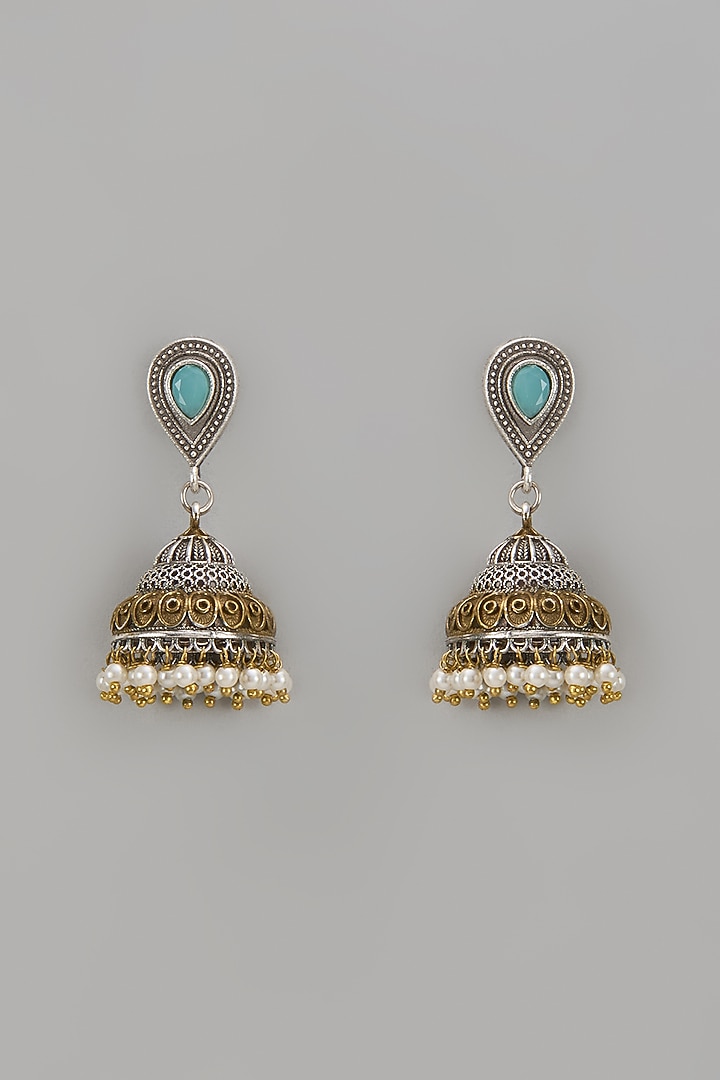 Two Tone Finish Serene Light Blue Stone & Pearl Jhumka Earrings by Aitihya at Pernia's Pop Up Shop