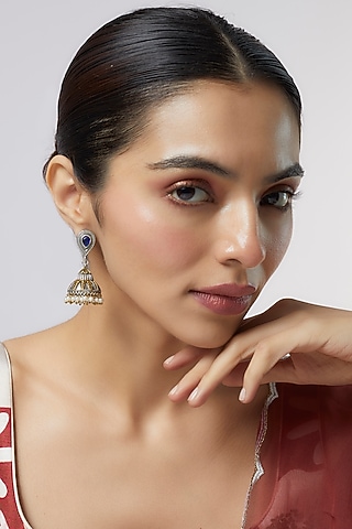 Two Tone Finish Dark Blue Stone & Pearl Jhumka Earrings by Aitihya