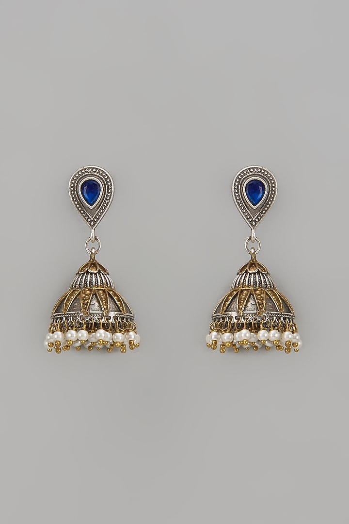 Two Tone Finish Dark Blue Stone & Pearl Jhumka Earrings by Aitihya at Pernia's Pop Up Shop