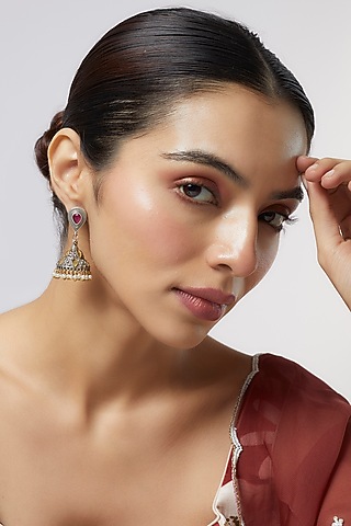 Two Tone Finish Red Stone & Pearl Jhumka Earrings by Aitihya