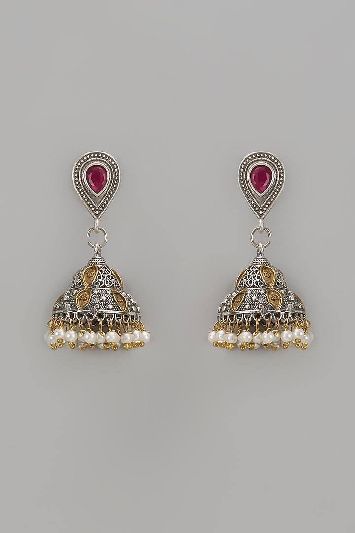 Two Tone Finish Red Stone & Pearl Jhumka Earrings by Aitihya at Pernia's Pop Up Shop