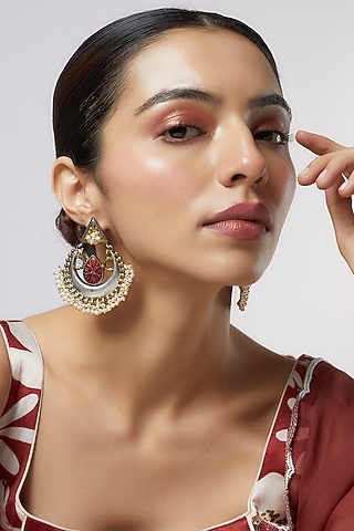 Two Tone Finish Red Stone & Pearl Temple Chandbali Earrings by Aitihya