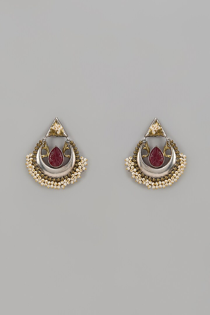 Two Tone Finish Red Stone & Pearl Temple Chandbali Earrings by Aitihya at Pernia's Pop Up Shop