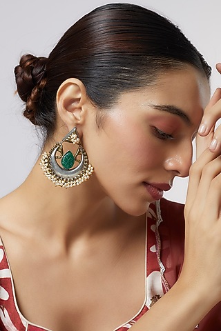 Two Tone Finish Green Stone & Pearl Temple Chandbali Earrings by Aitihya
