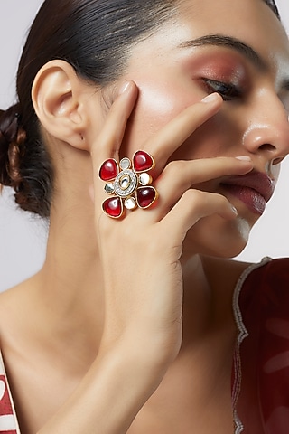 Gold Finish Red Monalisa Stone & Kundan Polki Ring by Aitihya