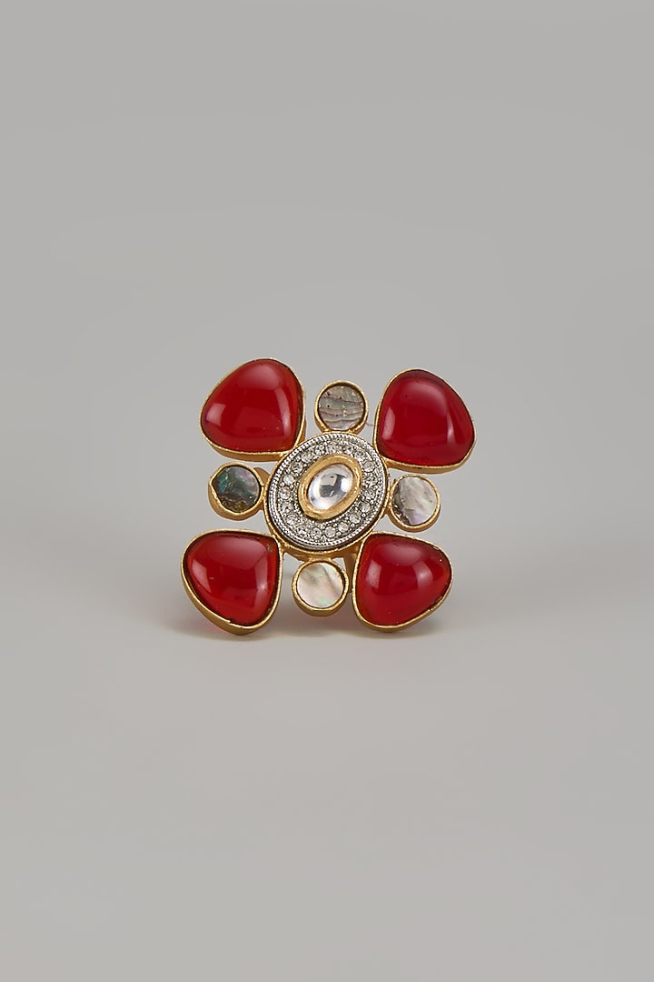 Gold Finish Red Monalisa Stone & Kundan Polki Ring by Aitihya at Pernia's Pop Up Shop