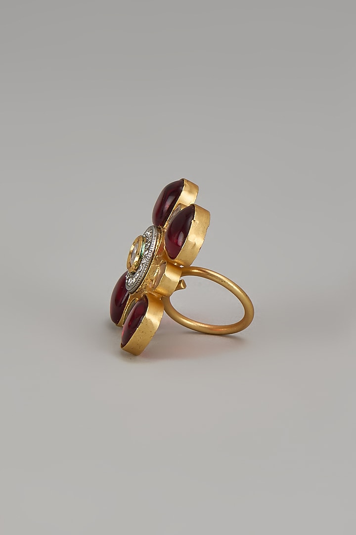Gold Finish Red Monalisa Stone & Kundan Polki Ring by Aitihya at Pernia's Pop Up Shop