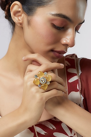 Gold Finish Yellow Monalisa Stone & Kundan Polki Ring by Aitihya