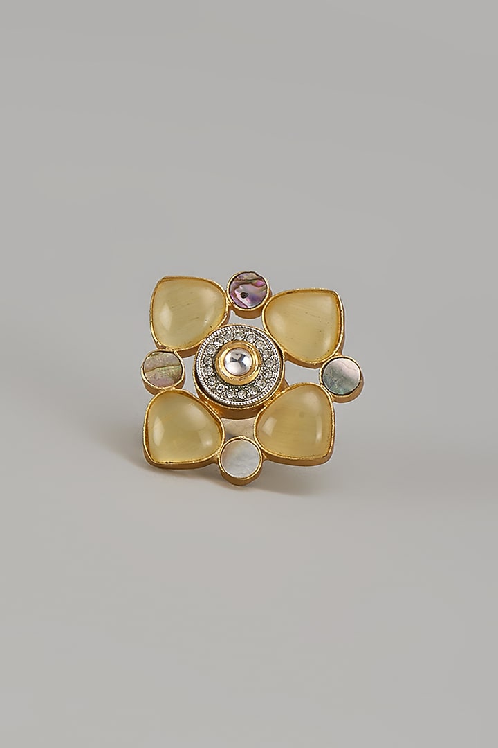 Gold Finish Yellow Monalisa Stone & Kundan Polki Ring by Aitihya at Pernia's Pop Up Shop