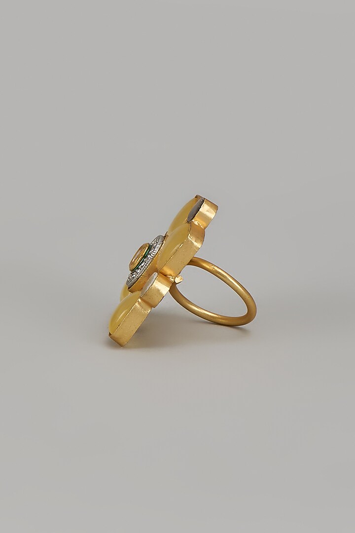 Gold Finish Yellow Monalisa Stone & Kundan Polki Ring by Aitihya at Pernia's Pop Up Shop