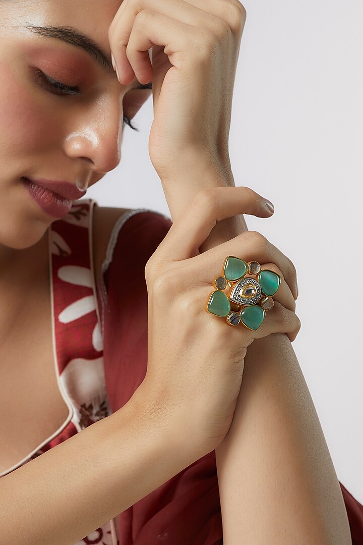 Gold Finish Teal Green Monalisa Stone & Kundan Polki Ring by Aitihya at Pernia's Pop Up Shop