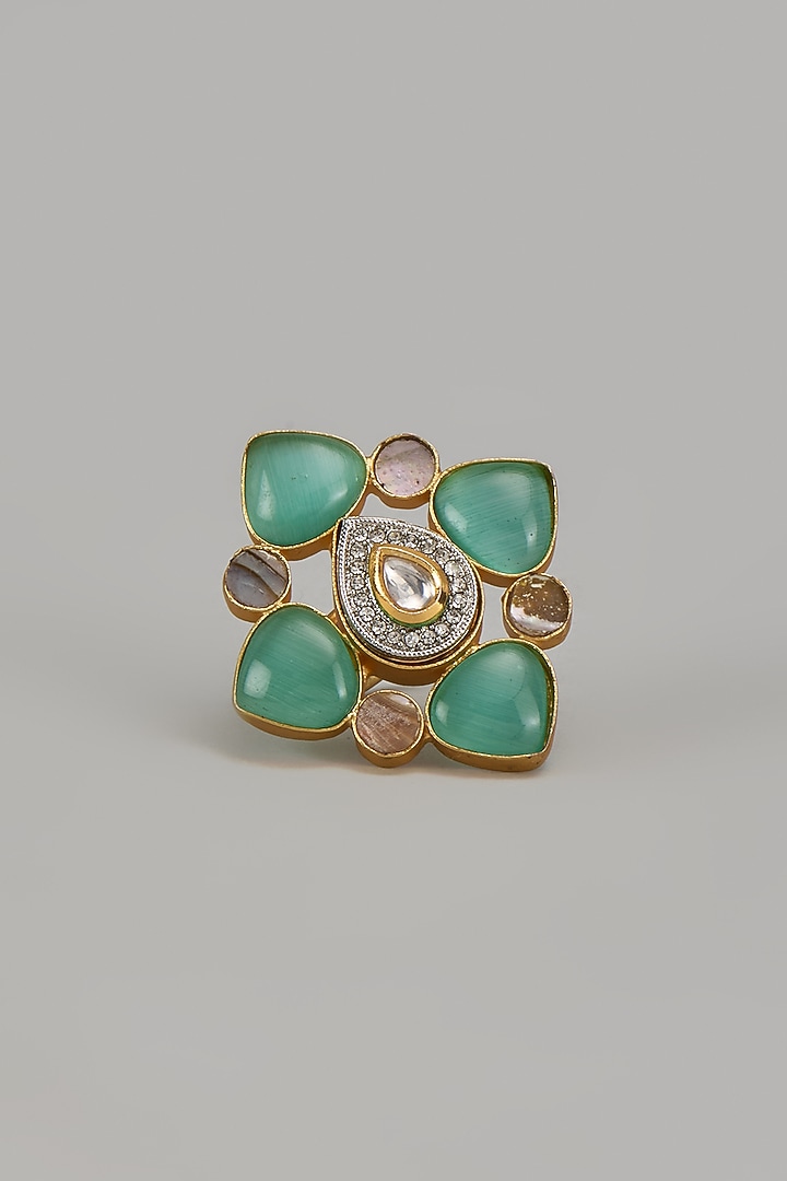 Gold Finish Teal Green Monalisa Stone & Kundan Polki Ring by Aitihya at Pernia's Pop Up Shop