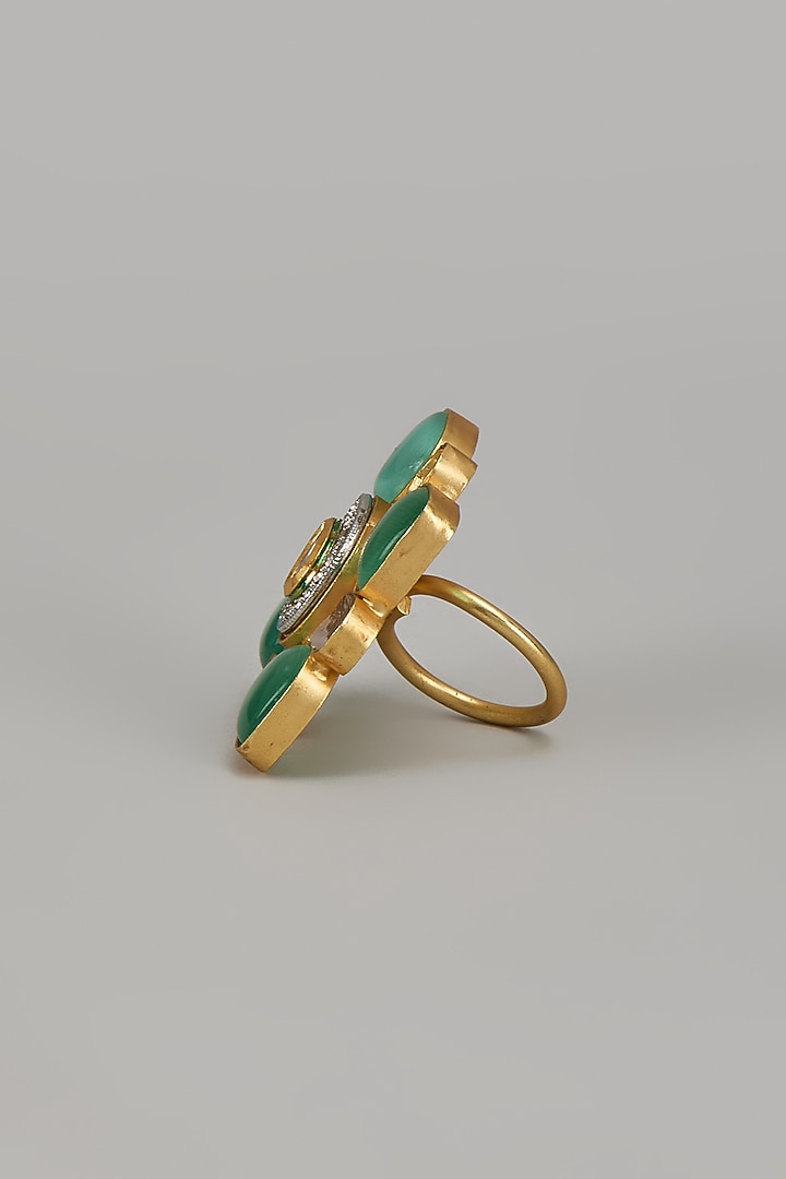 Gold Finish Teal Green Monalisa Stone & Kundan Polki Ring by Aitihya at Pernia's Pop Up Shop