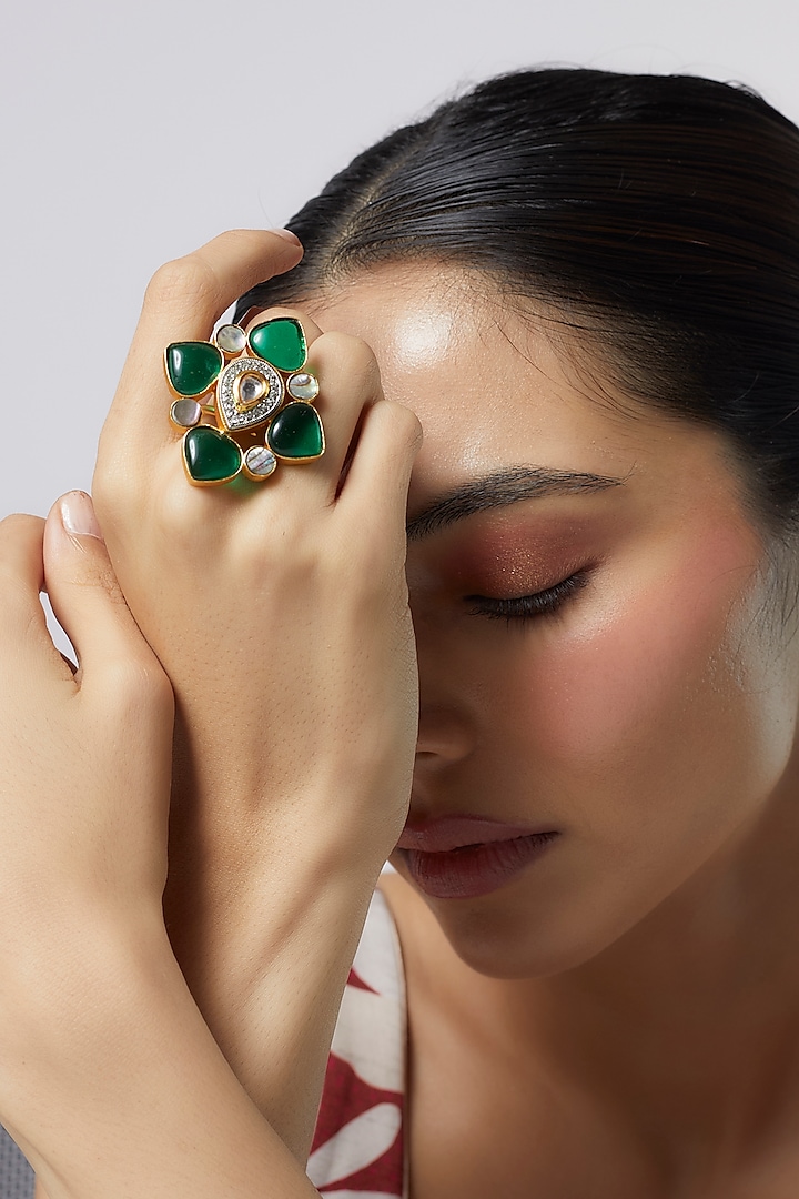 Gold Finish Green Monalisa Stone & Kundan Polki Ring by Aitihya