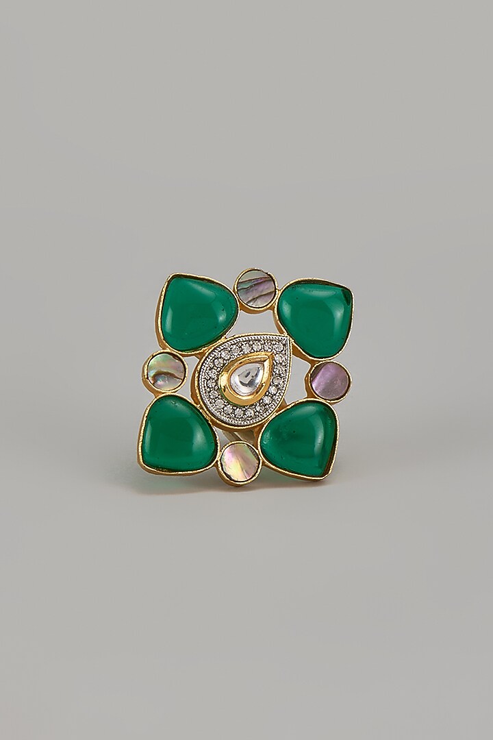 Gold Finish Green Monalisa Stone & Kundan Polki Ring by Aitihya at Pernia's Pop Up Shop