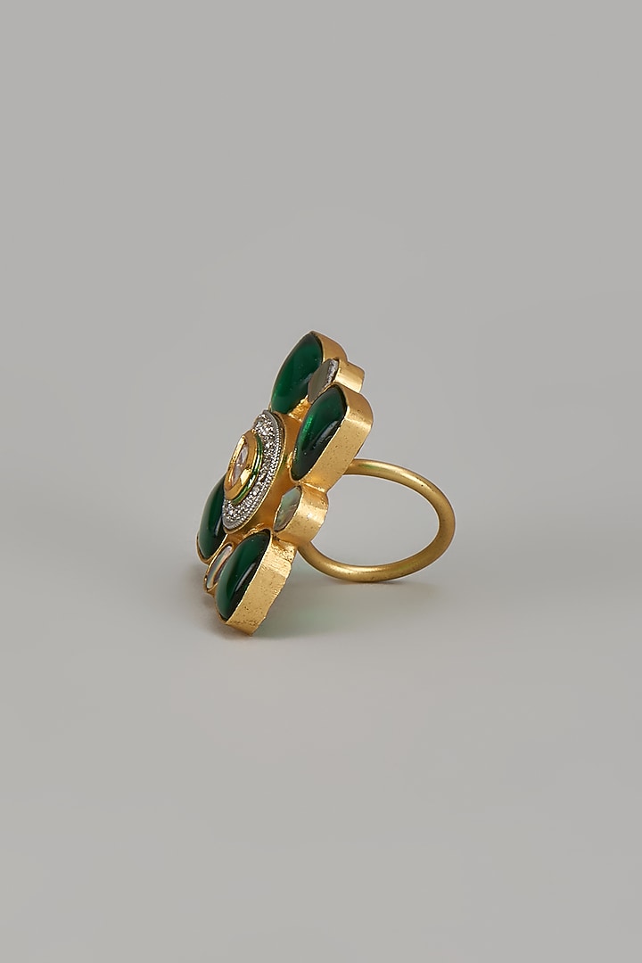 Gold Finish Green Monalisa Stone & Kundan Polki Ring by Aitihya at Pernia's Pop Up Shop