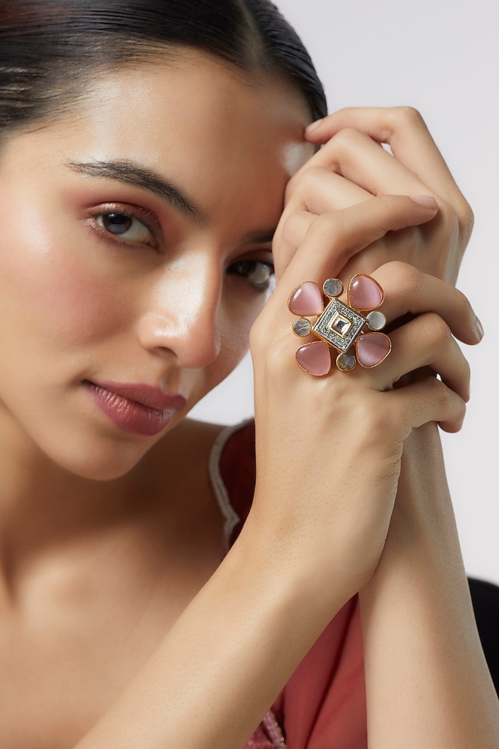 Gold Finish Pink Monalisa Stone & Kundan Polki Ring by Aitihya at Pernia's Pop Up Shop