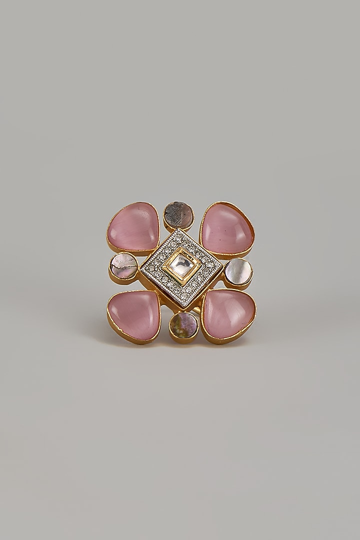 Gold Finish Pink Monalisa Stone & Kundan Polki Ring by Aitihya at Pernia's Pop Up Shop