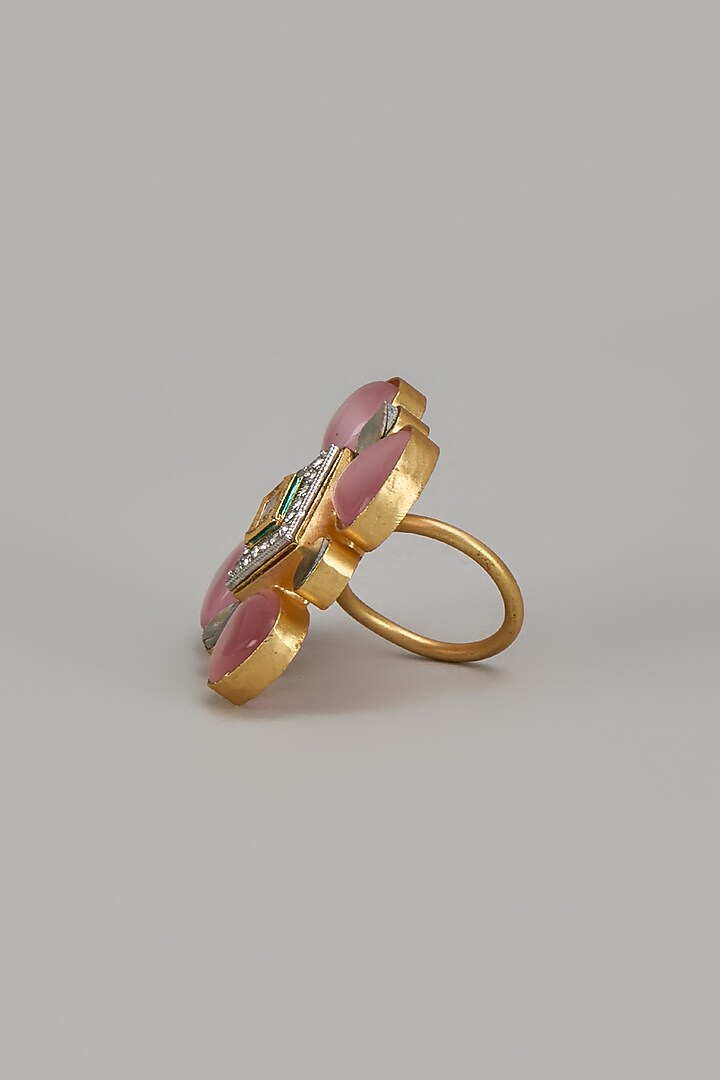 Gold Finish Pink Monalisa Stone & Kundan Polki Ring by Aitihya at Pernia's Pop Up Shop