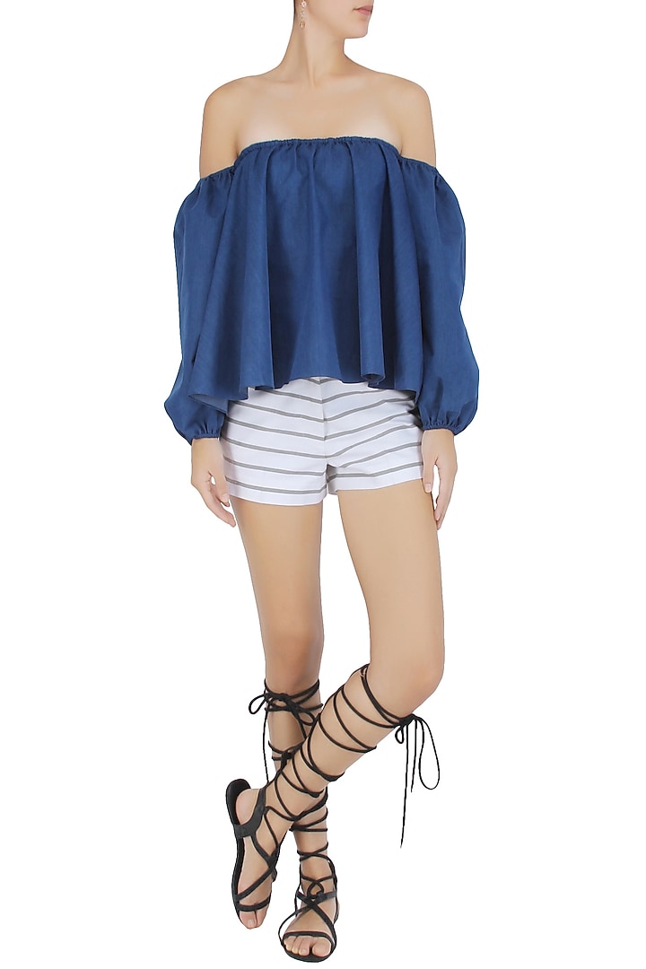 Blue off shoulder flounce top available only at Pernia's Pop Up Shop.