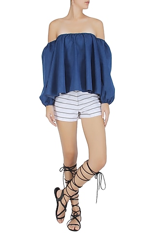 Blue off Shoulder Flounce Top by Ankita