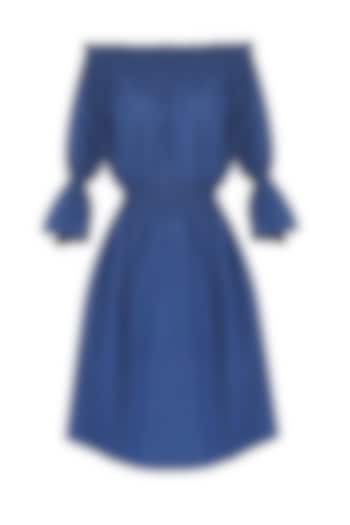 Blue off Shoulder Ruffle Split Sleeves Dress by Ankita