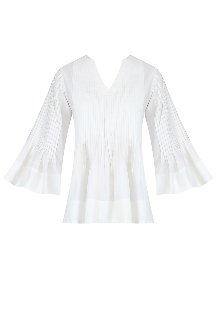 White pintucked bell sleeves top by Ankita