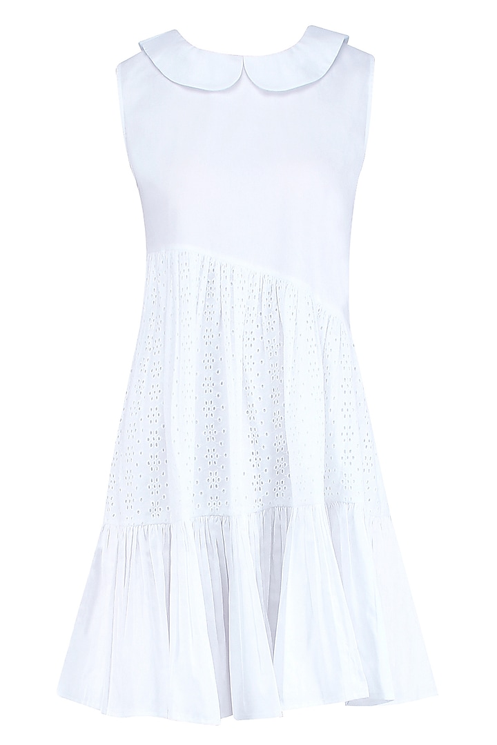 White Triple Layered Gathered Short Dress by Ankita