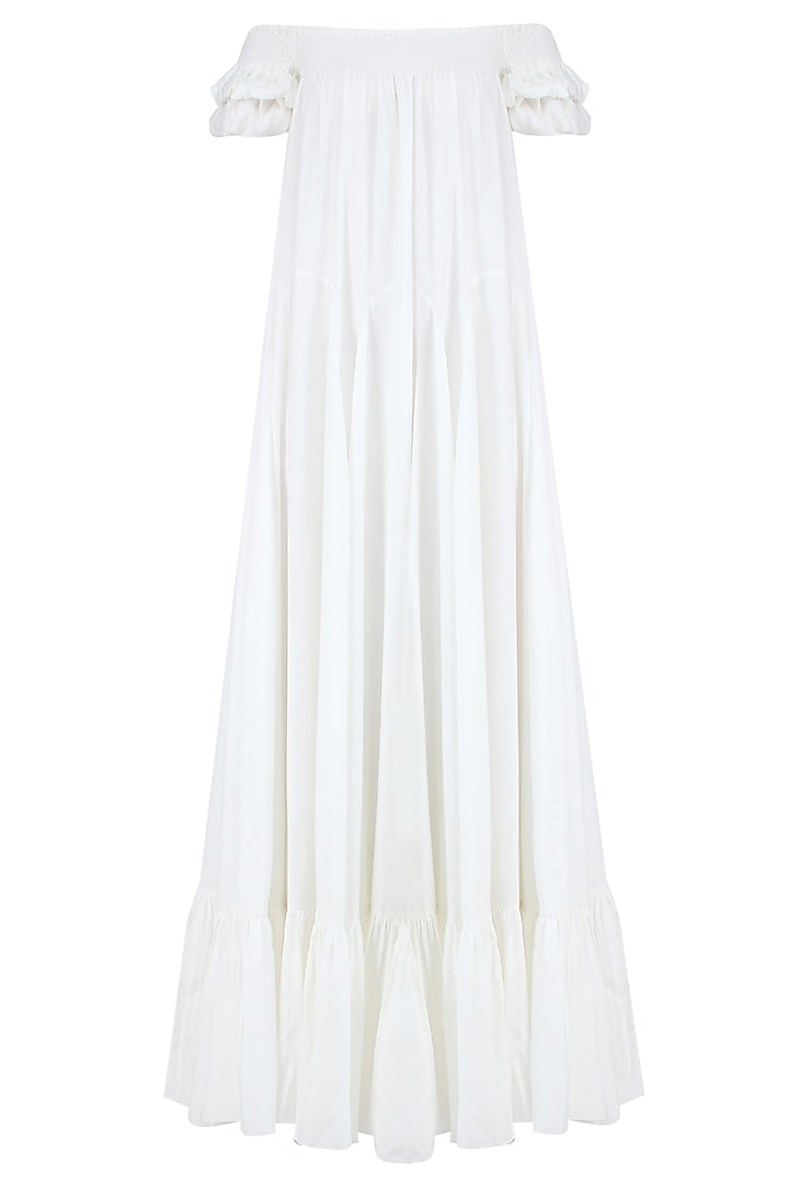 Off White Off Shoulder Ruched Maxi Dress by Ankita